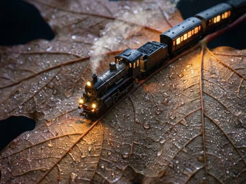 Miniature Steam Train on Dewy Autumn Leaf