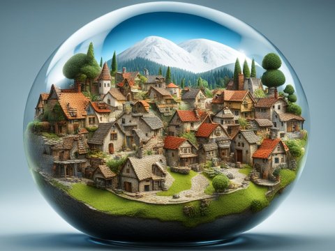 Miniature Village Encased in Glass Sphere with Mountain Backdrop