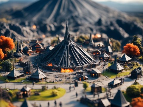 Miniature Village with Volcanic Mount Doom Centerpiece