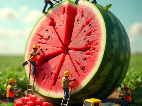 Miniature Workers Harvesting Giant Watermelon
