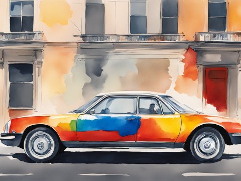 Minimal Watercolor Painting of Colorful Classic Car on City Street