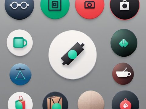 Minimalist 3D Render of Various Circular Icons on Gray Background