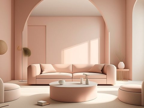Minimalist 3D Rendered Living Room with Soft Peach Tones