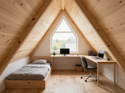 Minimalist Attic Room with Wooden Interior and Workspace