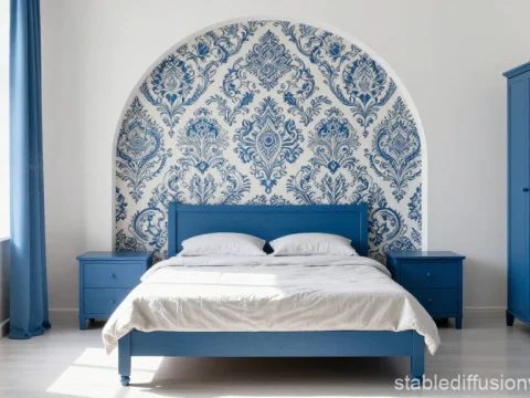 Minimalist Bedroom with Blue Embroidered Wall Accent