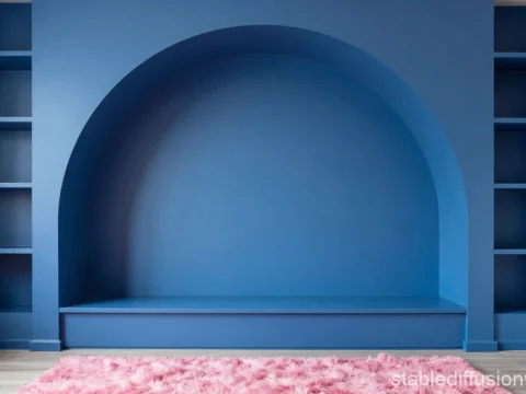 Minimalist Blue Arch Niche with Shelves and Pink Rug