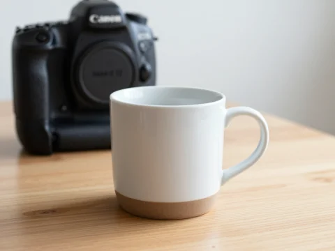 Minimalist Ceramic Mug on Wooden Table with Camera