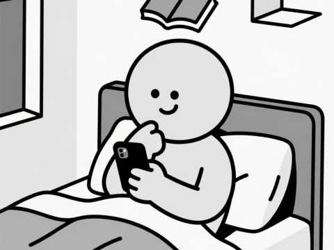 Minimalist Character Thinking While Using Phone in Bed