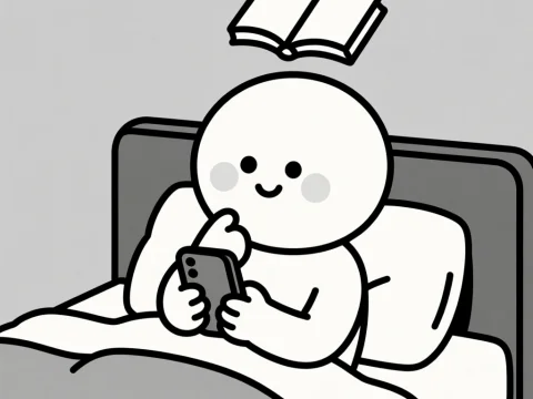 Minimalist Character Using Phone in Bed with Floating Book