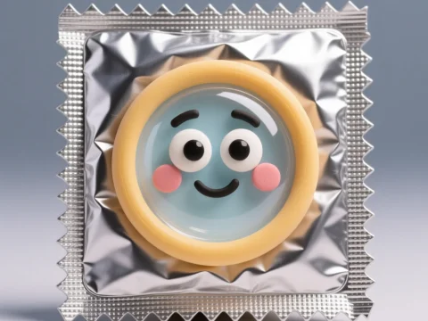 Minimalist Condom Mascot with Smiling Face in Silver Wrapper