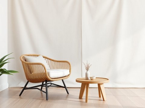 Minimalist Cozy Corner with Rattan Chair and Wooden Table