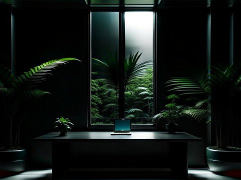 Minimalist Dark Office with Green Plants and Laptop