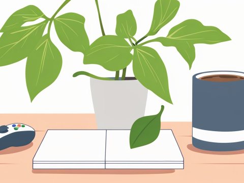 Minimalist Desk Setup with Plant, Game Controller, and Coffee Mug