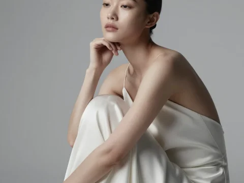 Minimalist Fashion Portrait of Woman in White Satin Dress