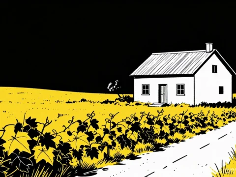 Minimalist House by Yellow Field Under Black Sky