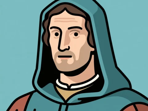 Minimalist Illustration of a Medieval Man in Hooded Cloak