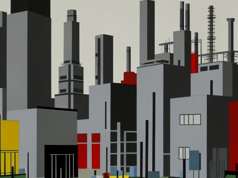 Minimalist Industrial Cityscape with Bold Color Blocks