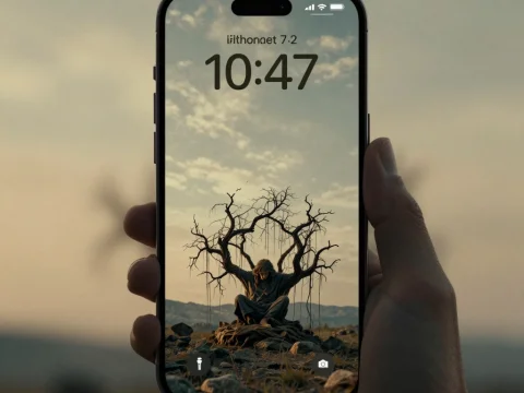 Minimalist iPhone 17 Display with Sisyphus and Tree Art