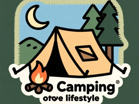 Minimalist Japanese Camping Logo with Tent and Campfire