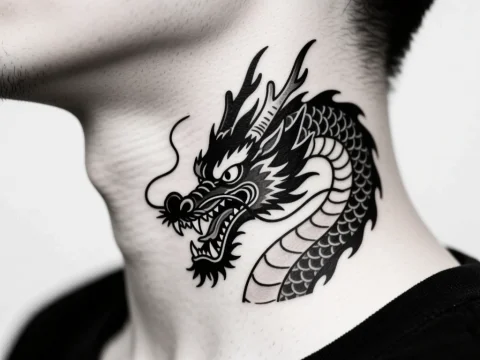 Minimalist Japanese Dragon Neck Tattoo