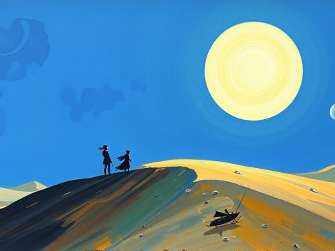 Minimalist Journey Under a Giant Sun