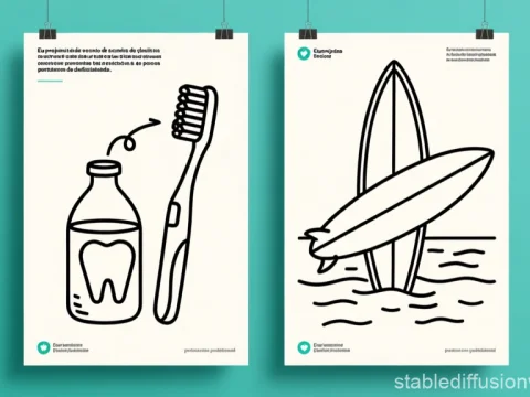 Minimalist Line Art Posters Featuring Toothbrush and Surfboards