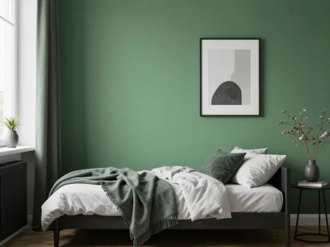 Minimalist Loft Style Bedroom with Green Accent Wall