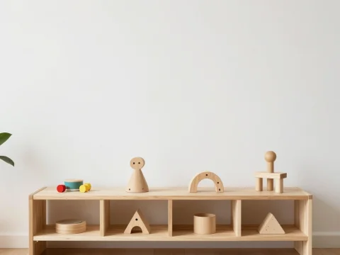 Minimalist Low Wooden Shelf with Geometric Wooden Toys