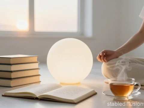 Minimalist Meditation Scene with Books and Tea in Soft Light