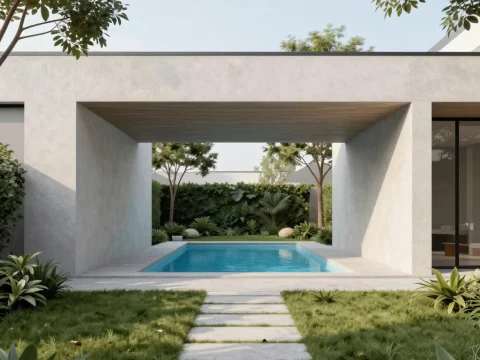 Minimalist Modern Building with Pool and Garden