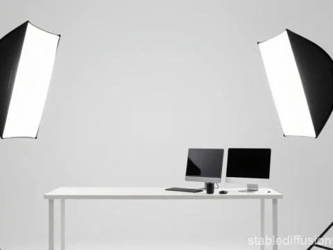 Minimalist Photo Studio Setup with Dual Softbox Lights and Computer Monitors