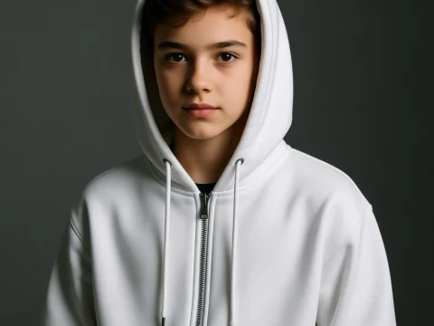 Minimalist Portrait of a Young Person in White Zip Hoodie
