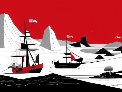 Minimalist Red and Black Sailing Ships in Abstract Landscape