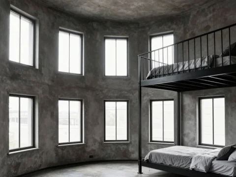 Minimalist Round Room with Industrial Bunk Bed