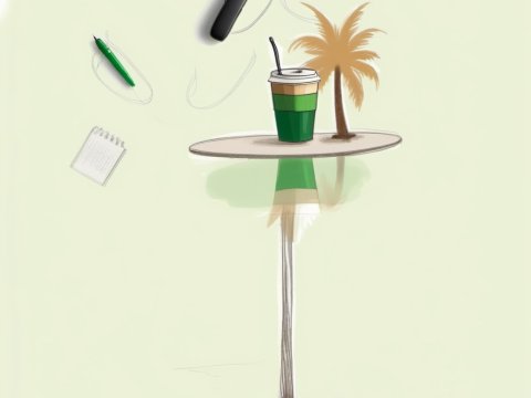 Minimalist Table with Coffee and Palm Tree Illustration