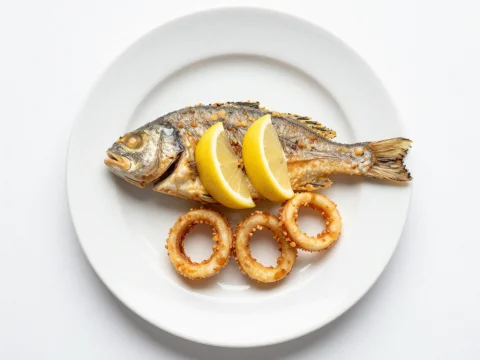 Minimalist Top-Down View of Fried Fish with Lemon and Calamari Rings