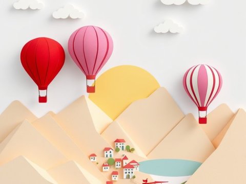 Minimalist Vector Art of Hot Air Balloons Over a Mountain Village
