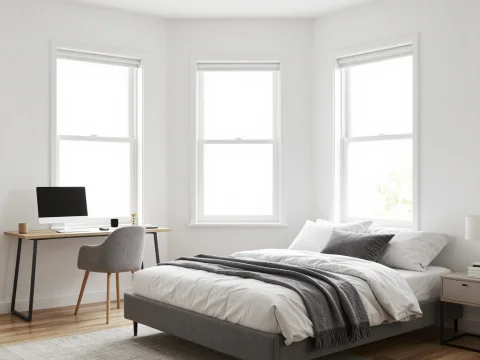 Minimalist White Bedroom with Workspace and Natural Light