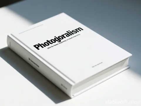 Minimalist White Book Titled Photorealism on White Surface