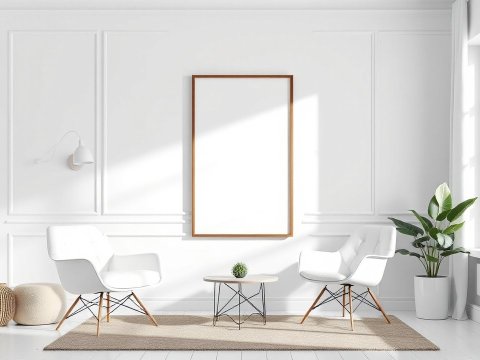 Minimalist White Living Room with Blank Poster Frame