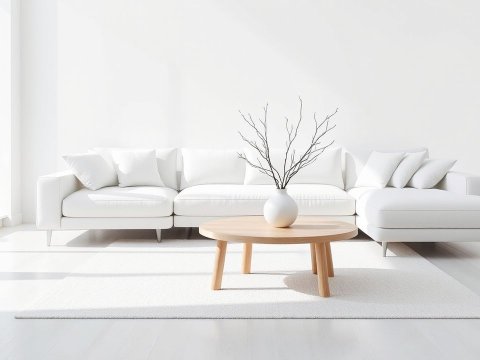 Minimalist White Living Room with Modern Sofa and Wooden Coffee Table