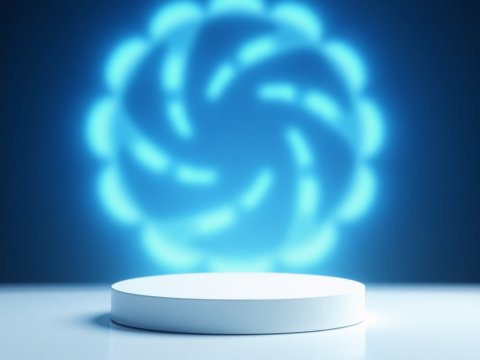 Minimalist White Podium with Glowing Blue Abstract Spiral