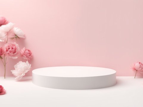 Minimalist White Podium with Pink Flowers on Soft Pink Background