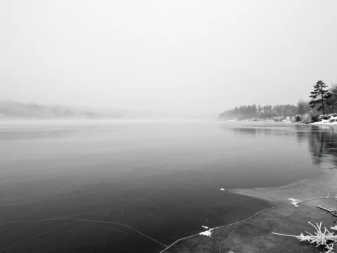 Minimalist Winter Lake Landscape in Fog