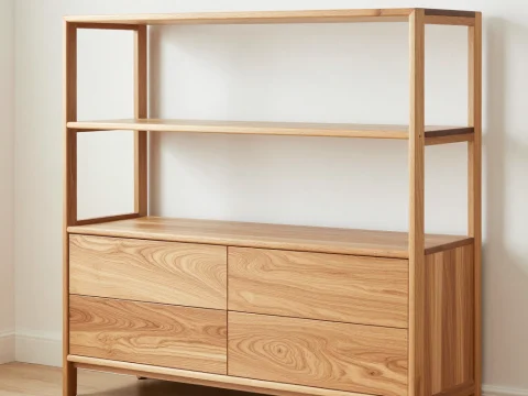 Minimalist Wooden Shelf with Drawers in Natural Finish
