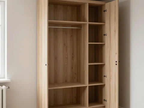 Minimalist Wooden Wardrobe with Open Doors in Modern Room
