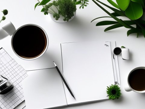 Minimalist Workplace Setup with Coffee and Green Plants