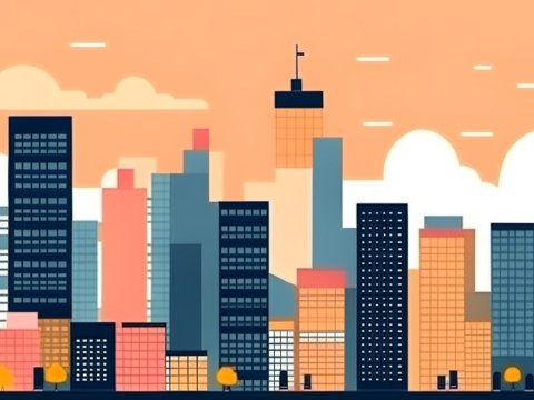 Minimalistic Modern Cityscape Illustration at Sunset