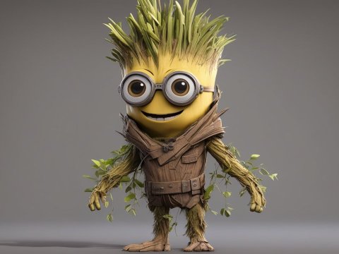 Minion Character with Nature-Inspired Wooden Costume