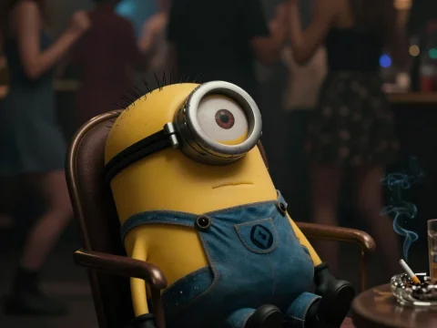 Minion Sitting Thoughtfully in a Dimly Lit Room